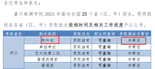 嘉興南湖學院專升本錄取通知書